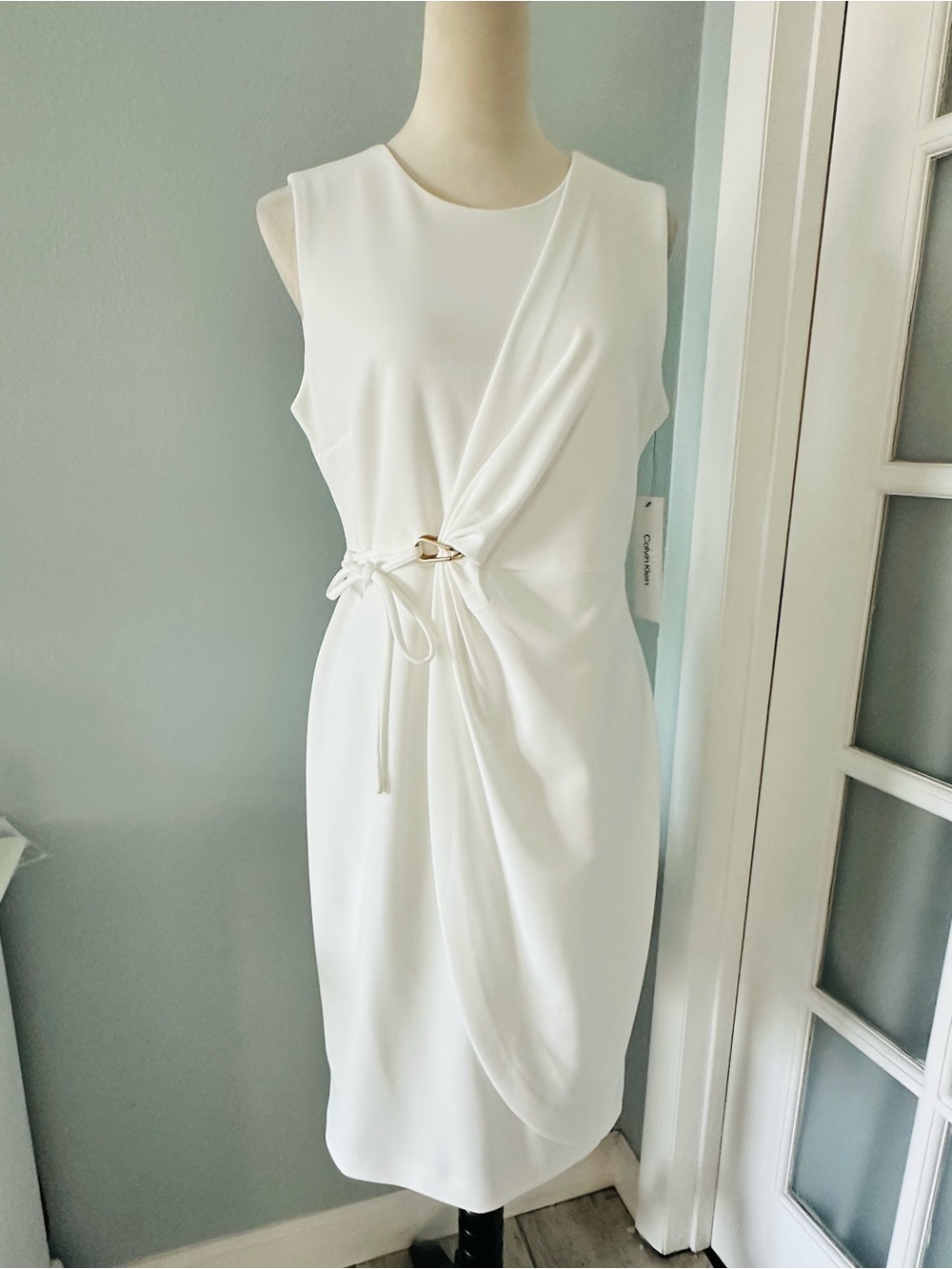 Calvin Klein White Sleeveless Draped Midi Dress with Knot Detail